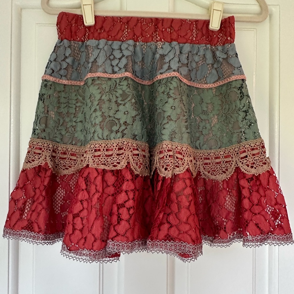 Alexis Multi-Colored Lace Mixed-Media Flare Mini Skirt - Picture 5 of 10
